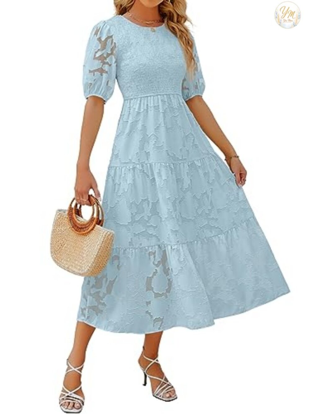 Smocked Maxi Dress Floral Lace Puff Sleeve Tiered Midi Dress